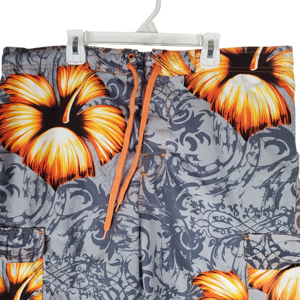 Ocean Pacific Mens Grey Orange Hibiscus Floral Board Shorts Swim Trunks Size M